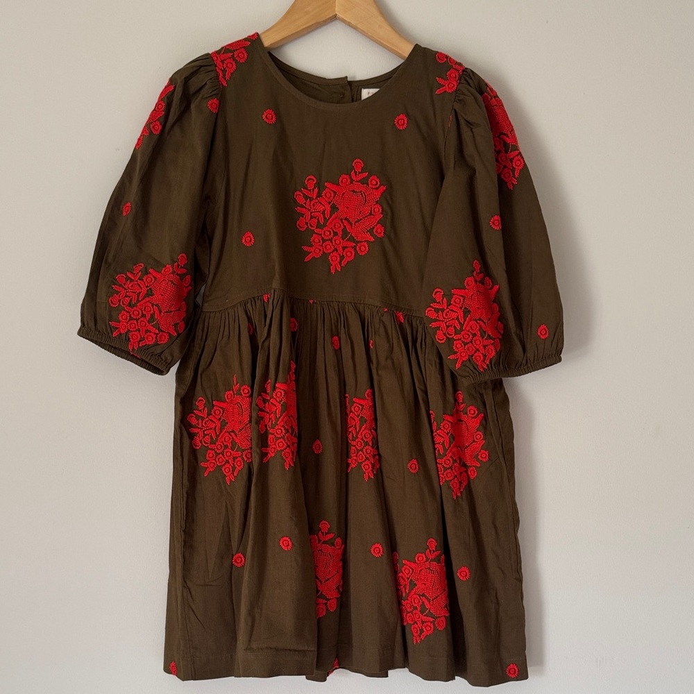 Brown Dress with Red Floral Embroidery